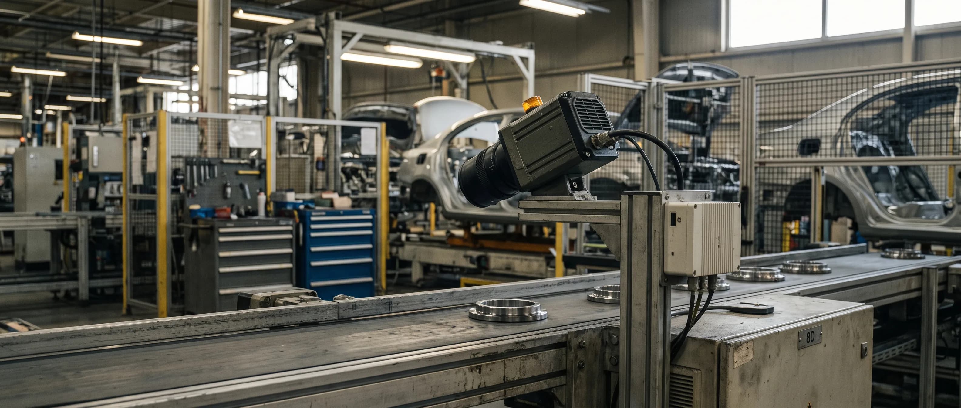 Machined metal parts on an automotive supplier's conveyor, each inspected by an AI camera