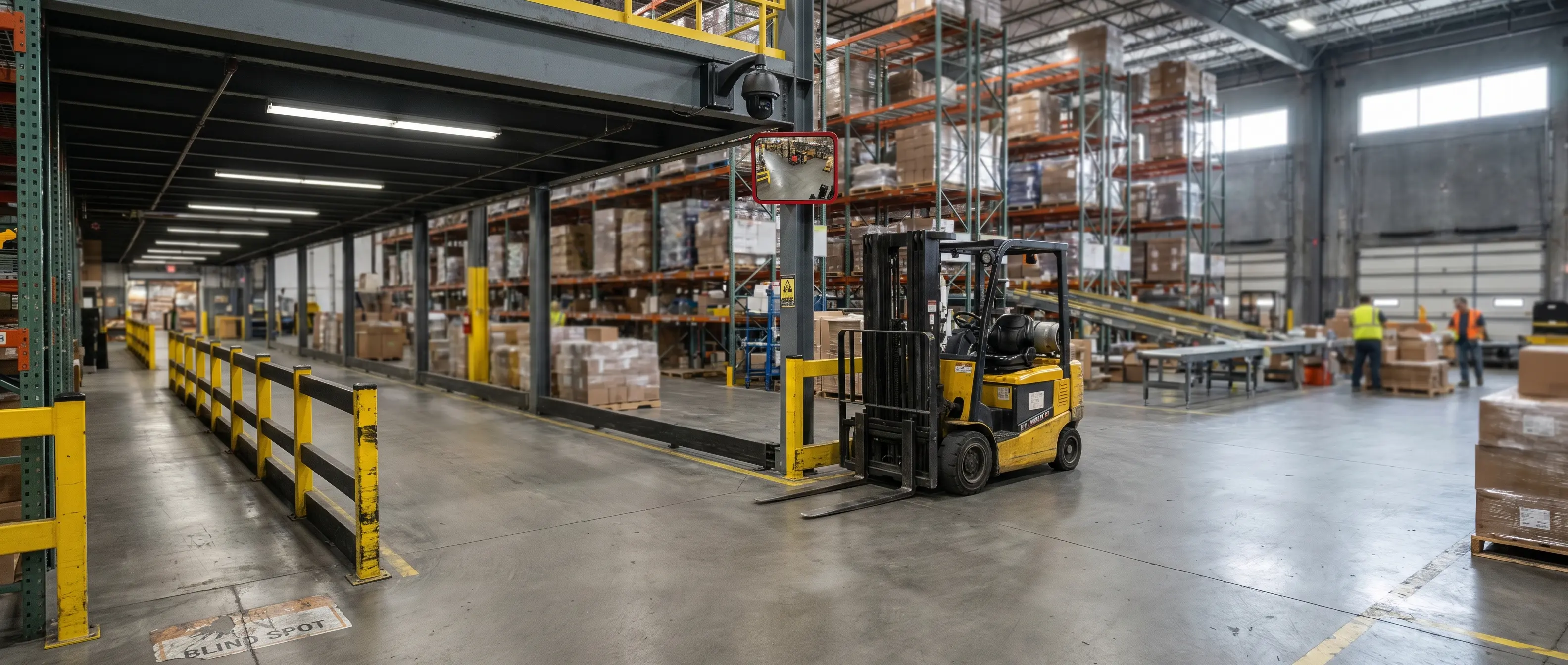 AI camera covering an aisle blind corner where a forklift and pedestrian paths intersect