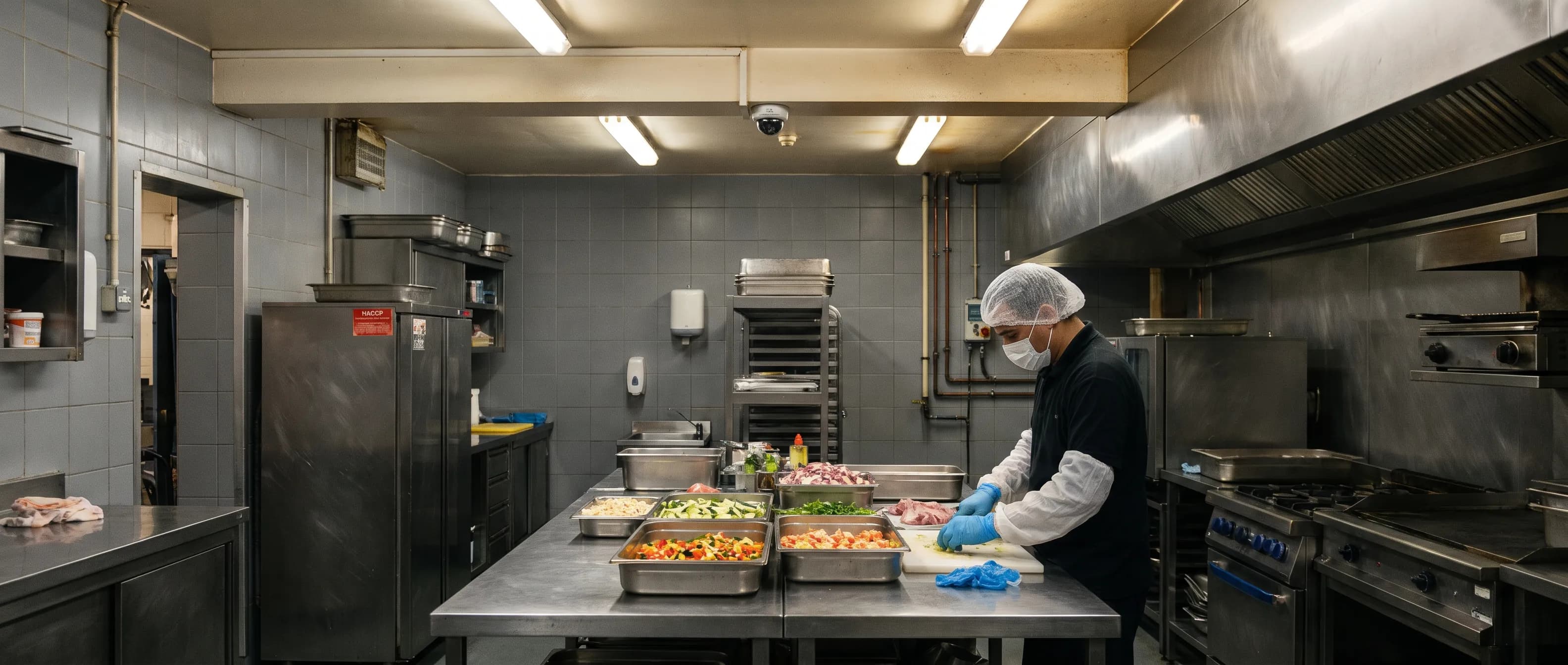Staff in hairnets, masks and gloves preparing food at stainless steel counters in a commercial kitchen, with a small industrial camera on the ceiling