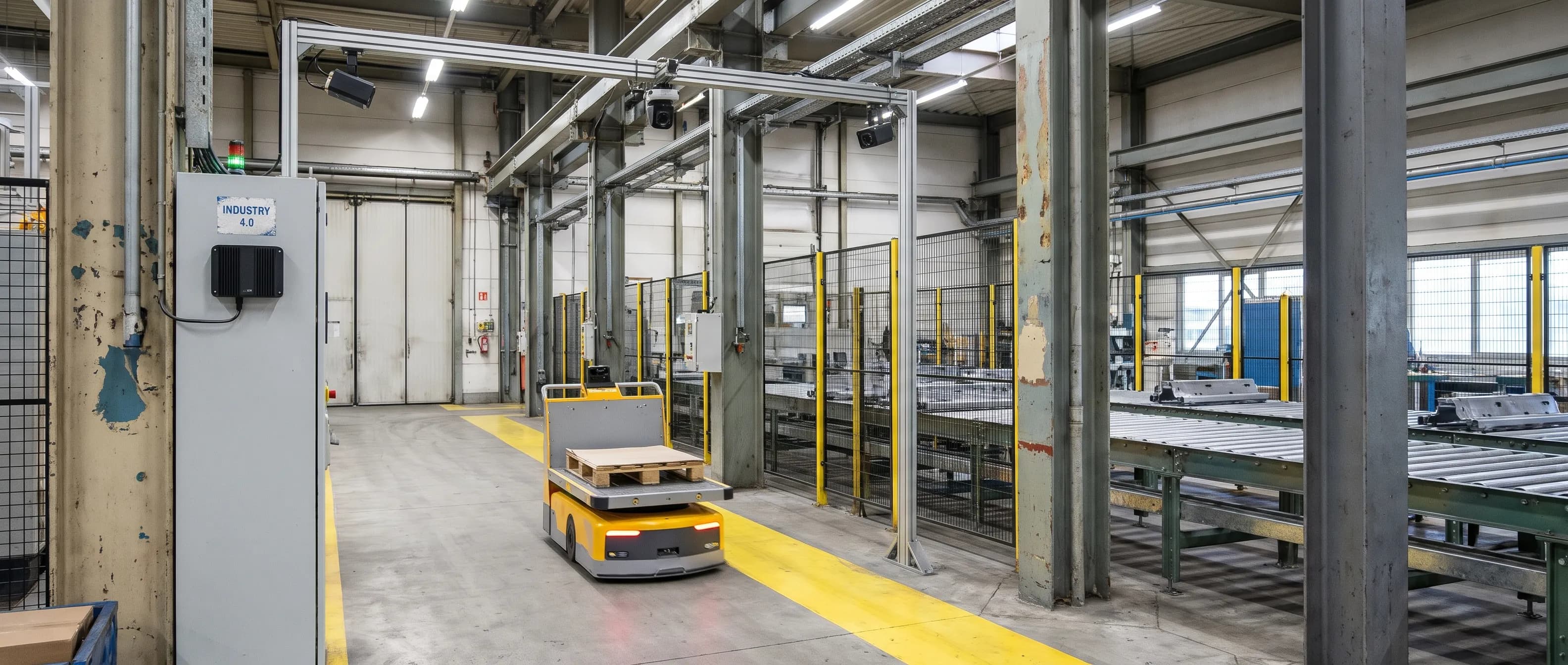 Autonomous mobile robot moving along a production line in a modern plant, with ceiling-mounted cameras