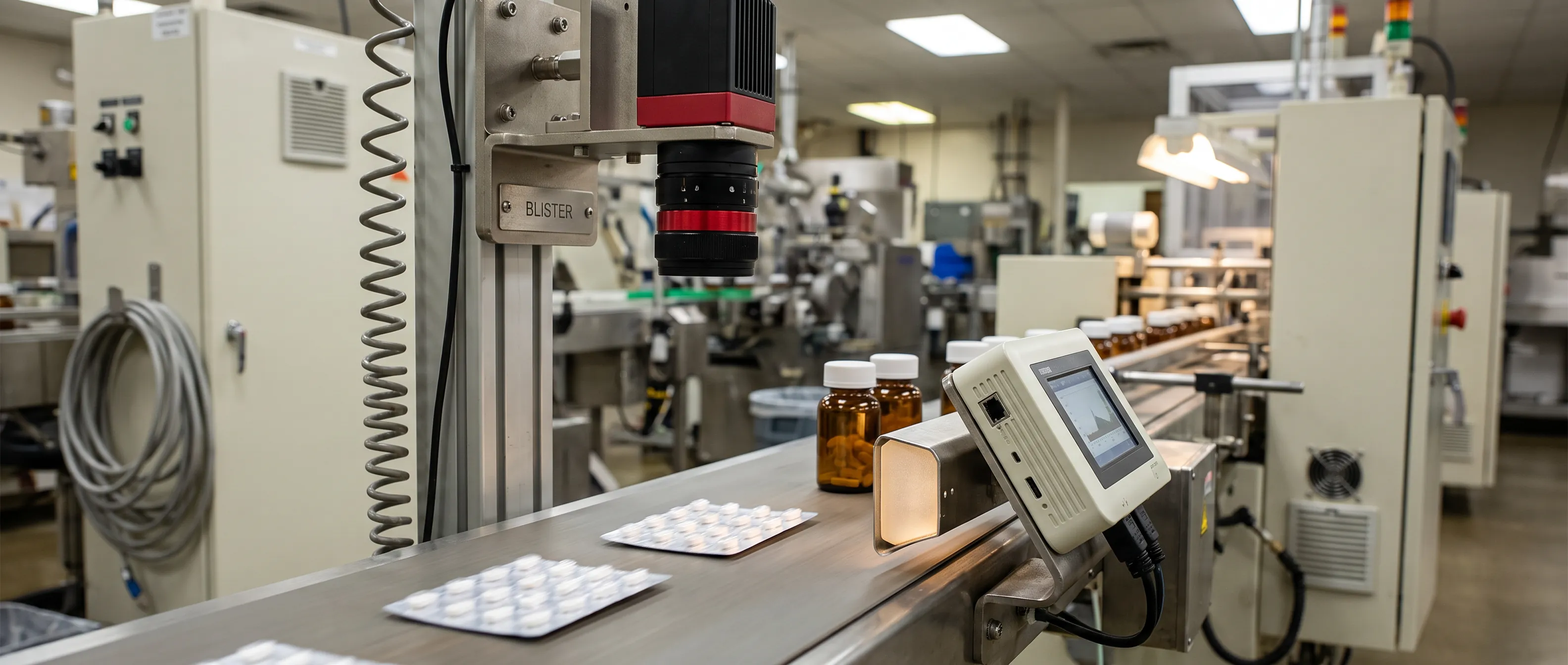 Vial inspection: blister cards and liquid-filled bottles passing under an inspection camera on a packaging line