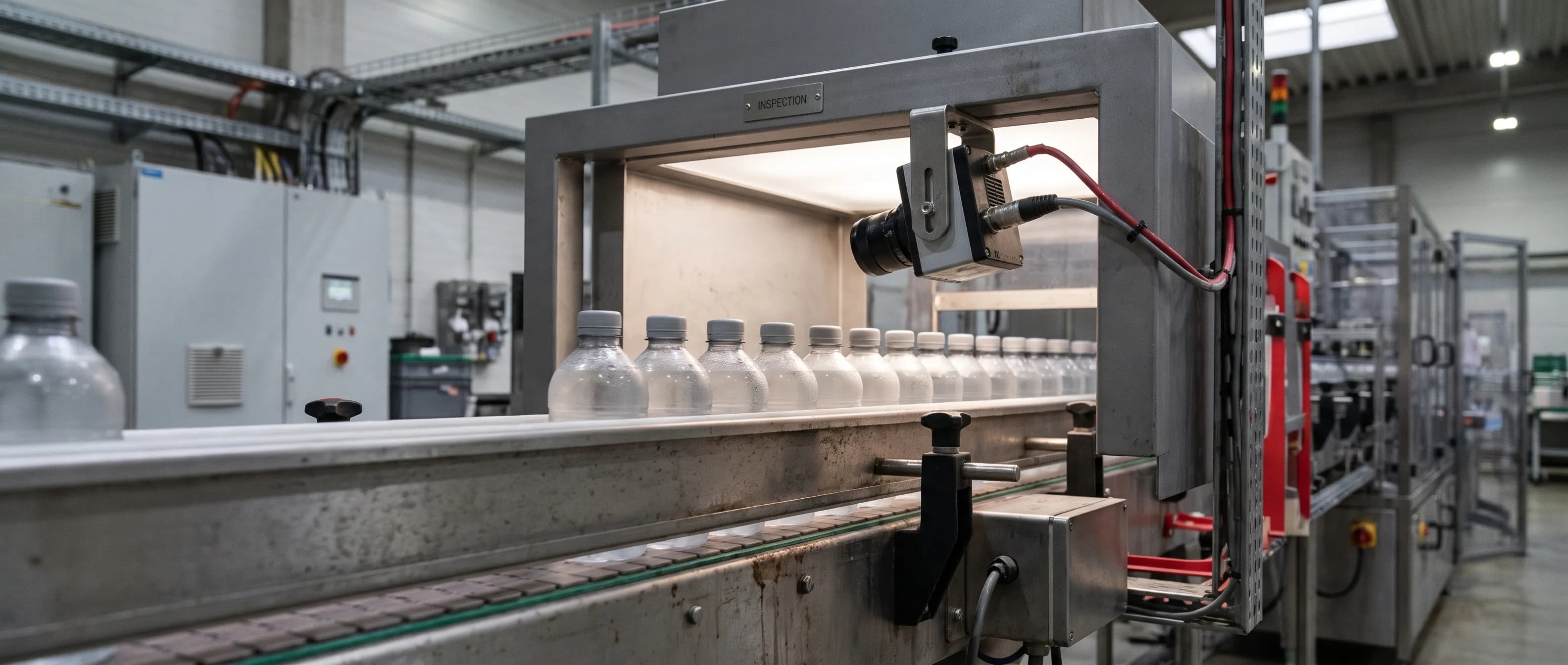 Packaging inspection: an AI camera watching capped PET bottles move along a filling line conveyor