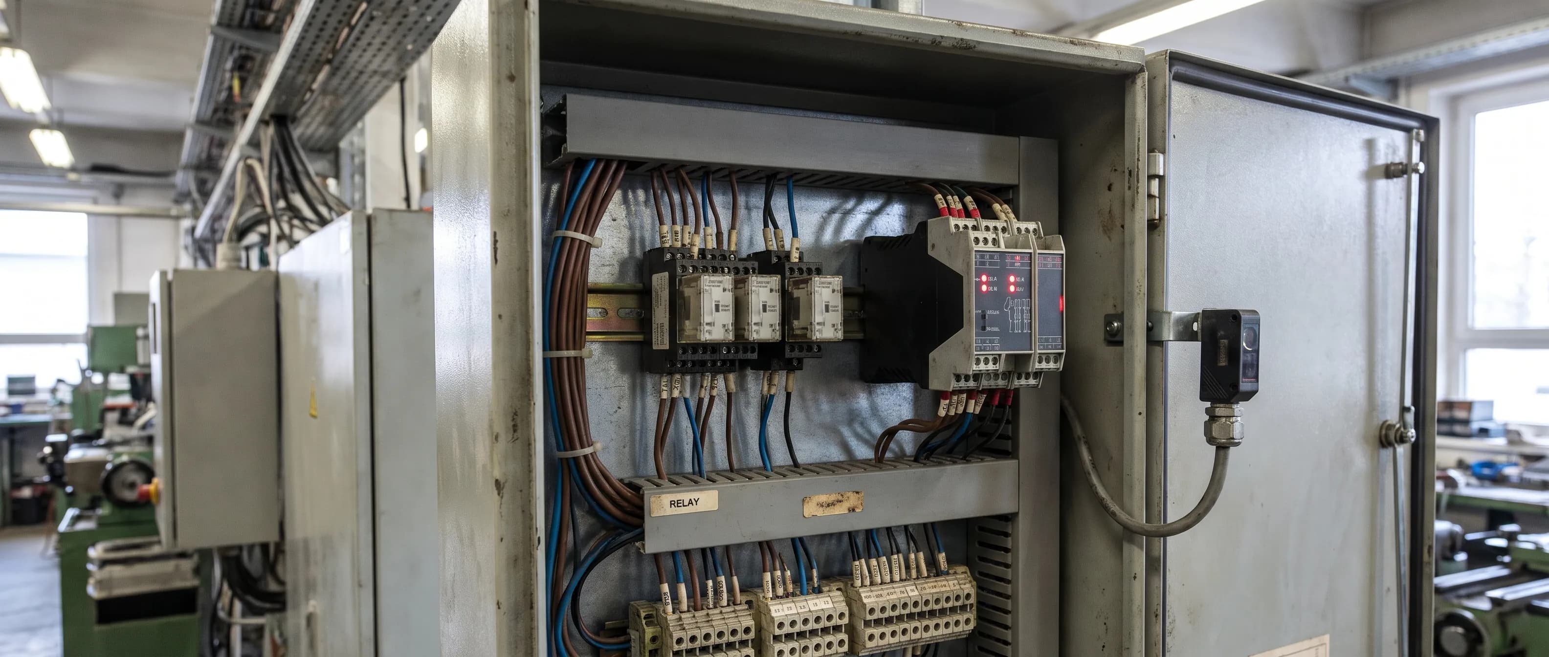Elektrik panosunda DIN rayına dizilmiş ara röleler, iki kanallı güvenlik rölesi ve fotosel sensör kabloları