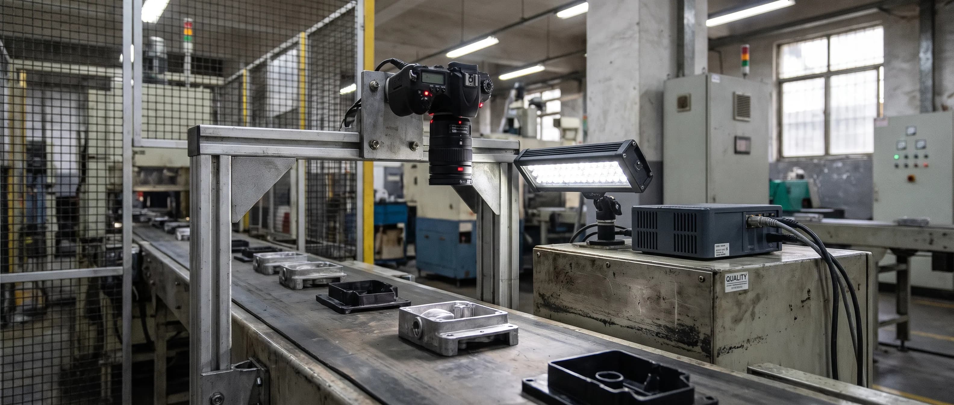 Industrial camera mounted above a production line with metal parts moving on the conveyor