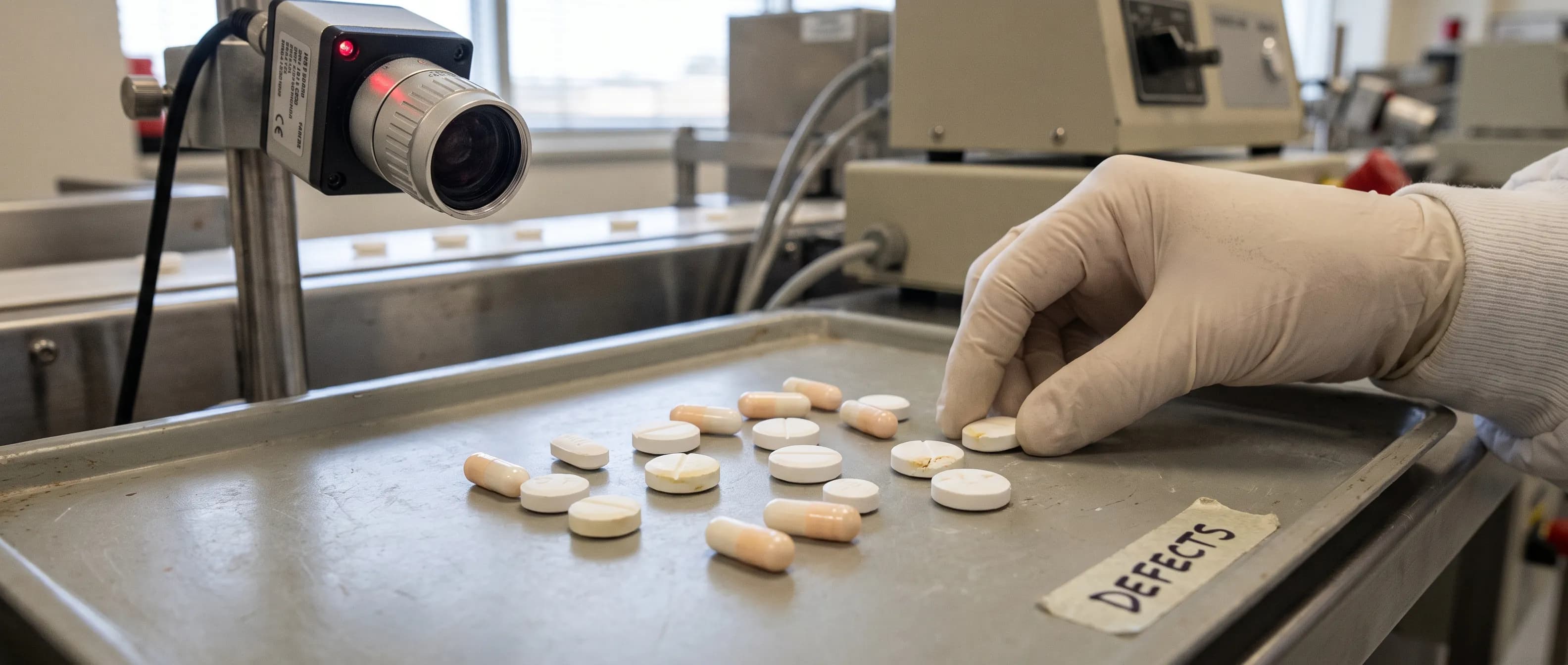 Tablet defects: close-up of embossed, scored white tablets and clear capsules