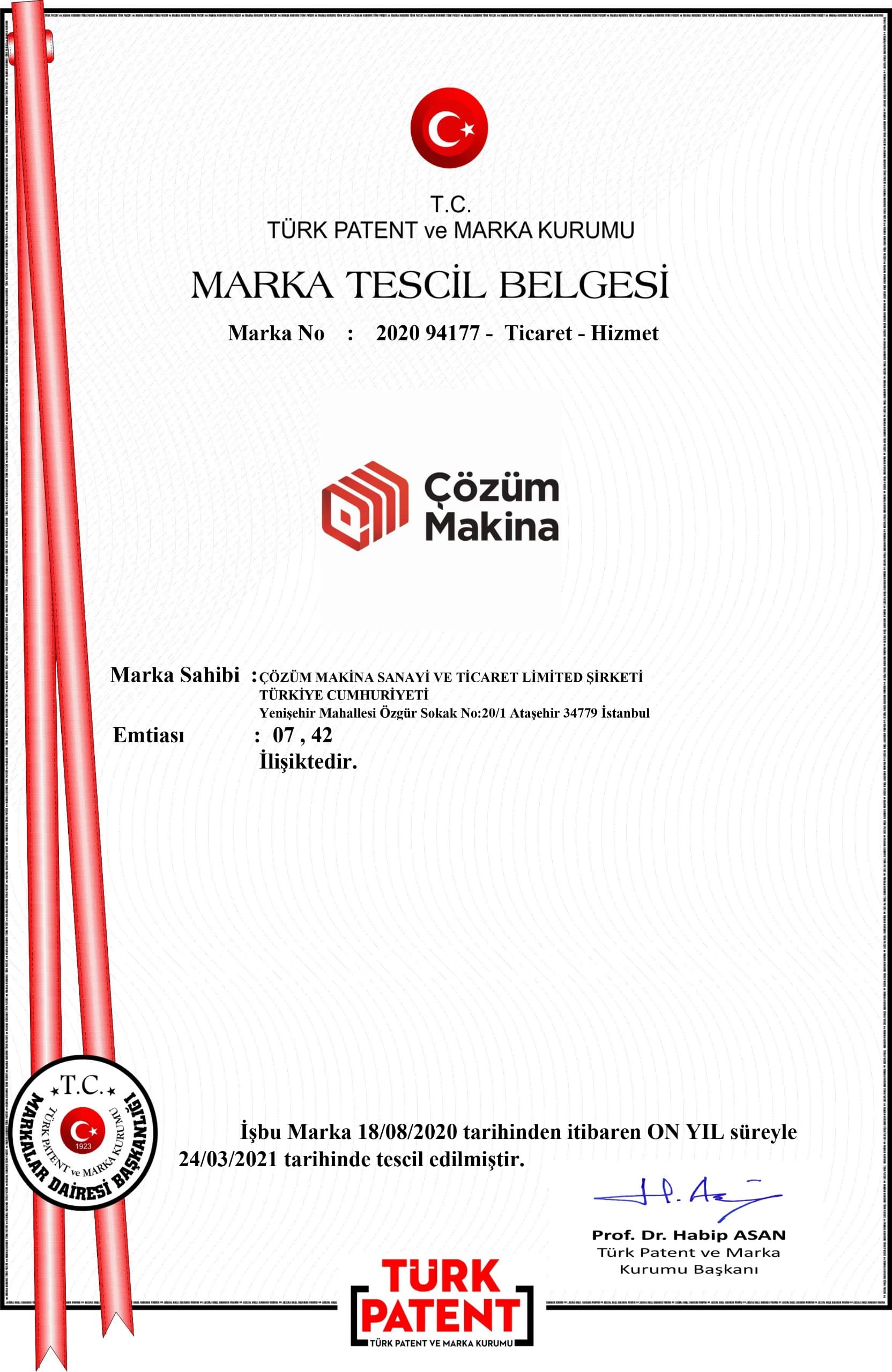 Çözüm Makina Trade Mark Certificate