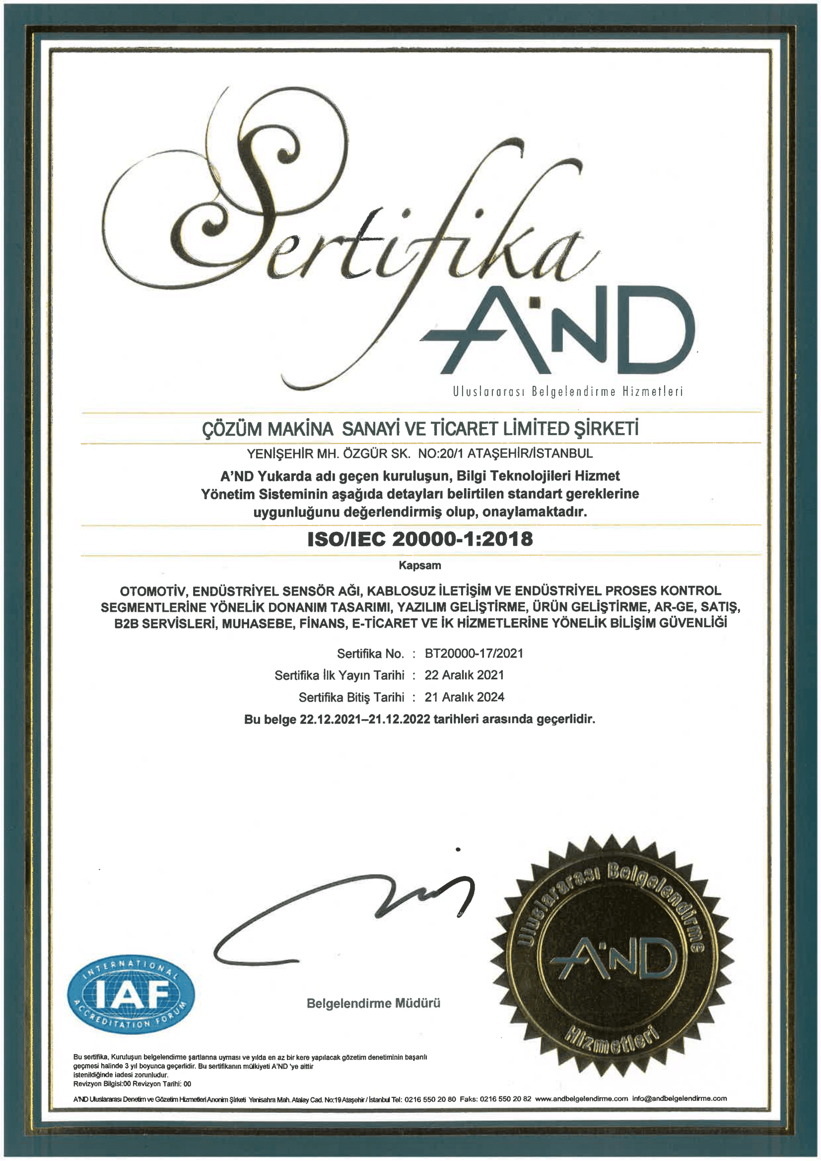 ISO 20000-1 Information Technology Service Management System Certificate