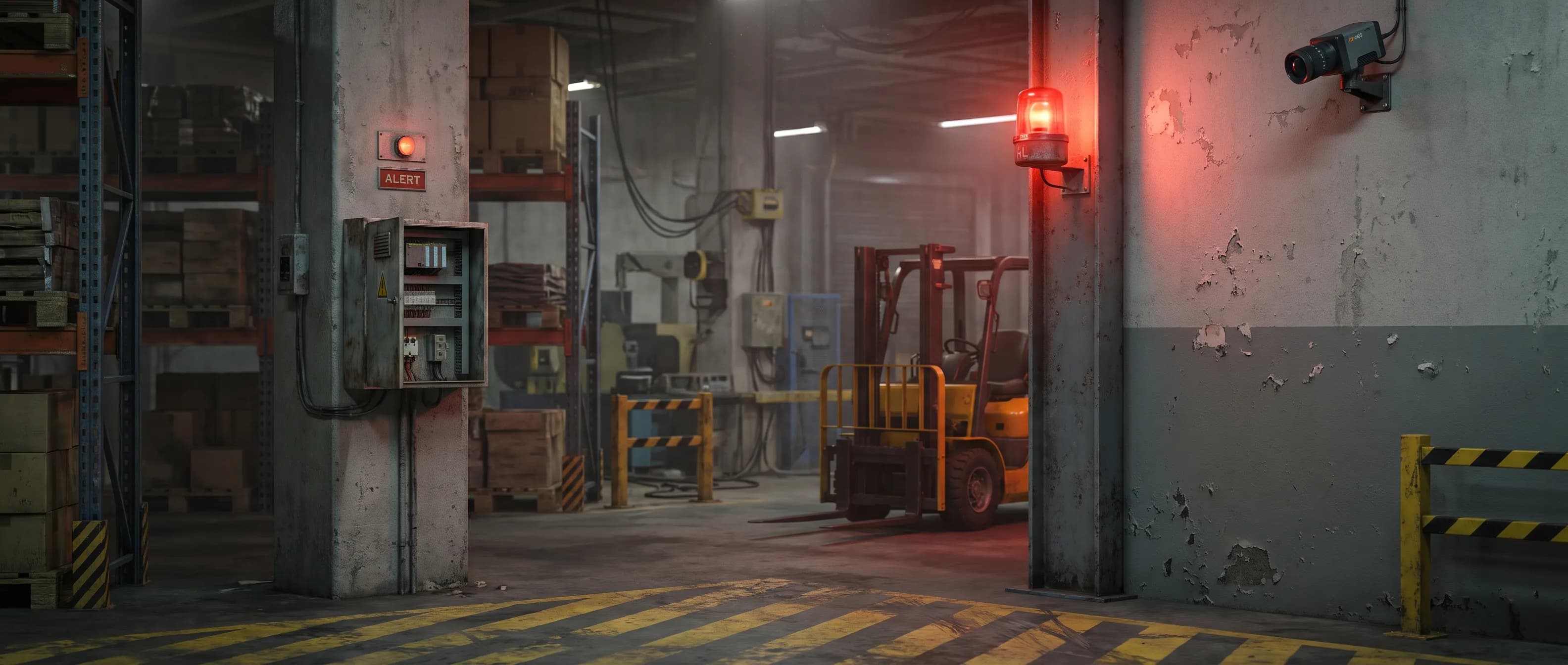 Red warning light flashing at a blind warehouse corner as a forklift approaches, with an unattended control room monitor in the background