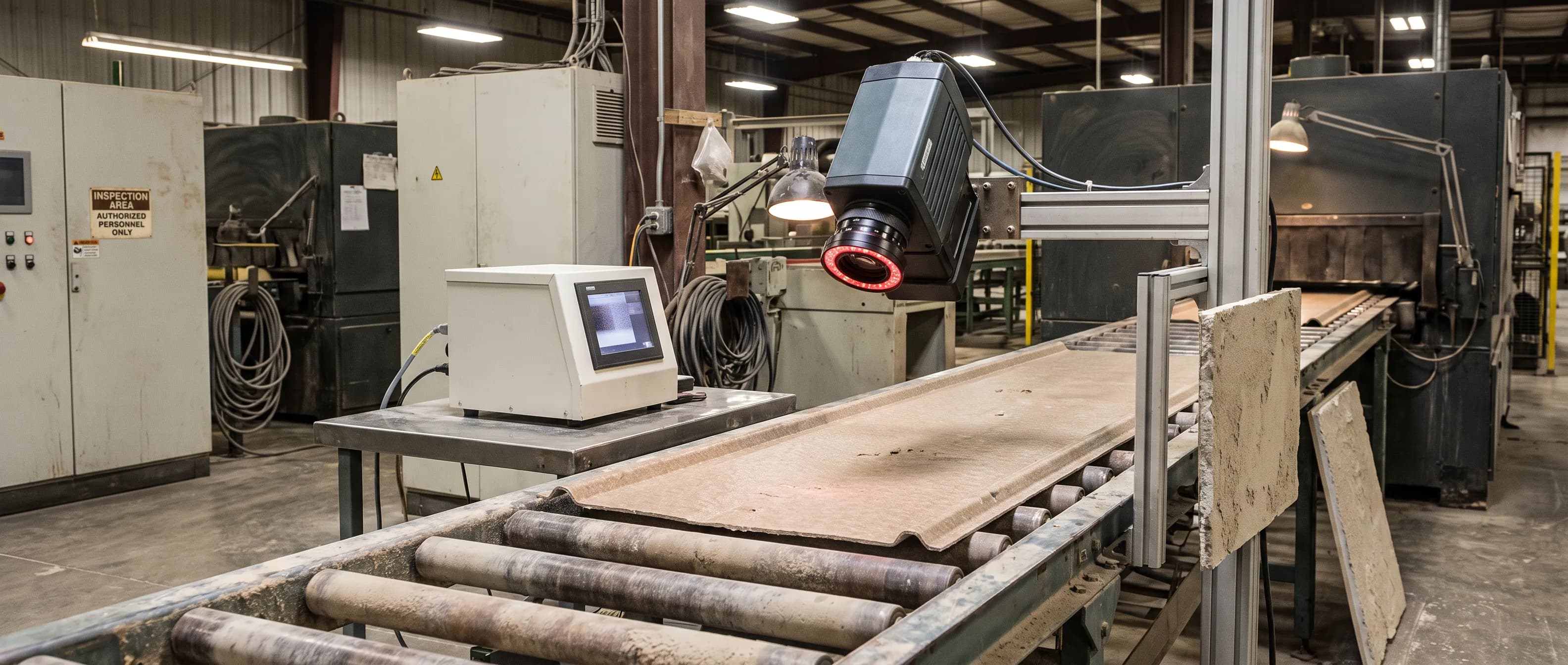 Visual inspection camera above roof panels moving down a production line, with a plaster surface sample beside it