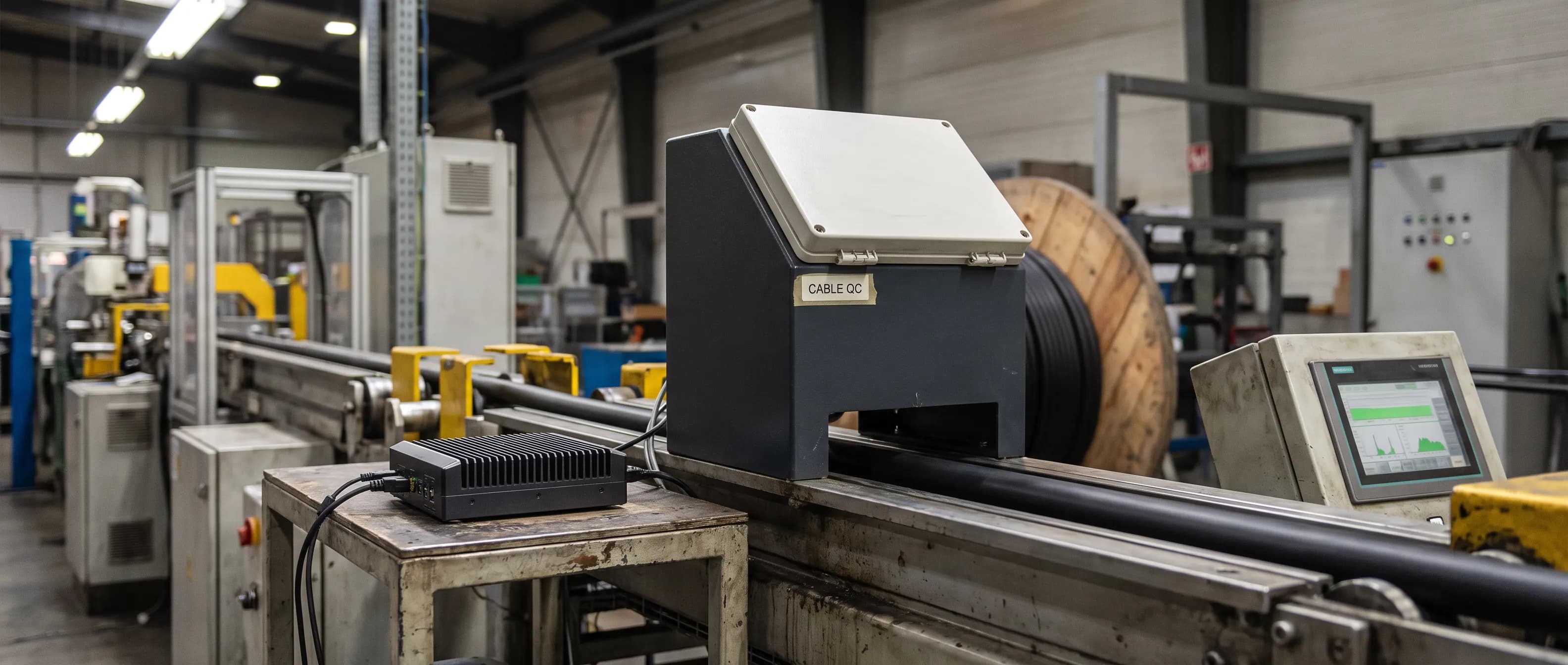 AI camera inspecting the jacket surface and print of a cable leaving the extrusion line while it runs