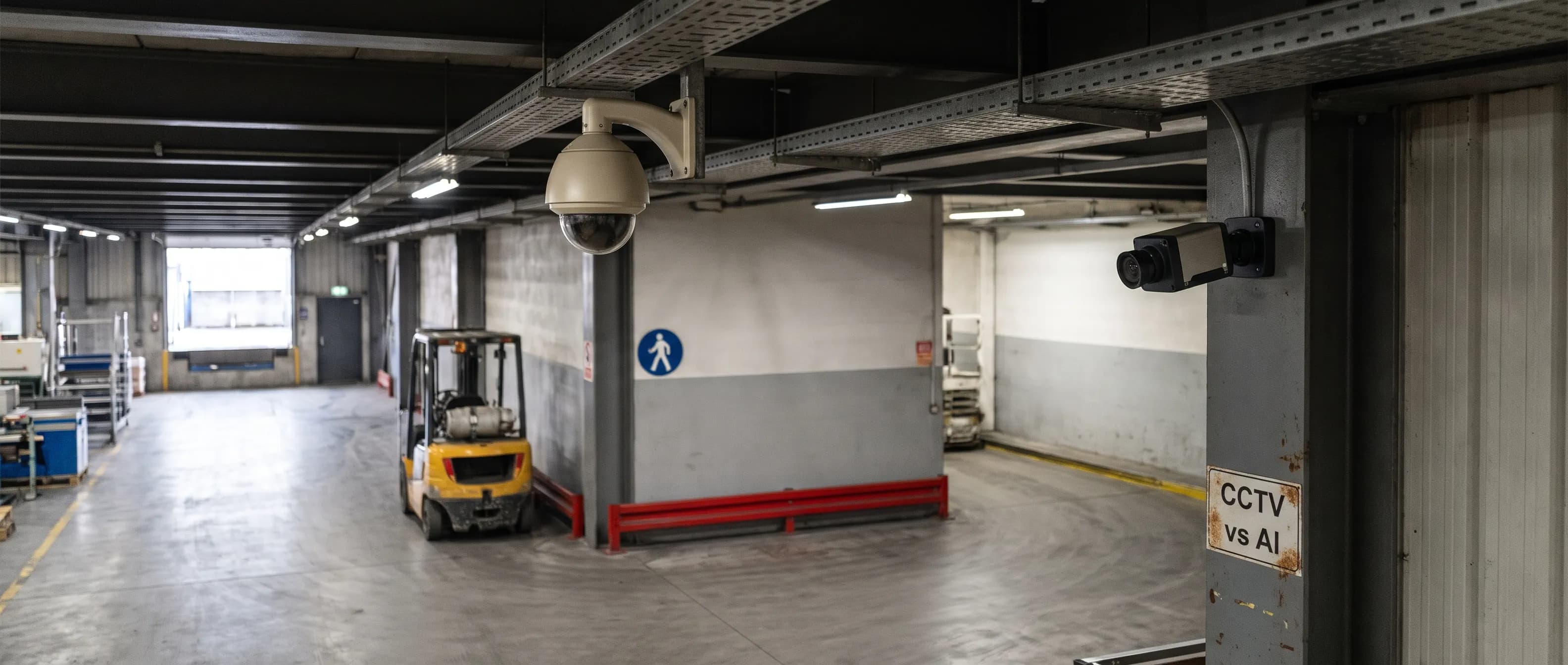 Ceiling-mounted CCTV camera in a factory aisle next to an industrial AI camera watching a forklift route