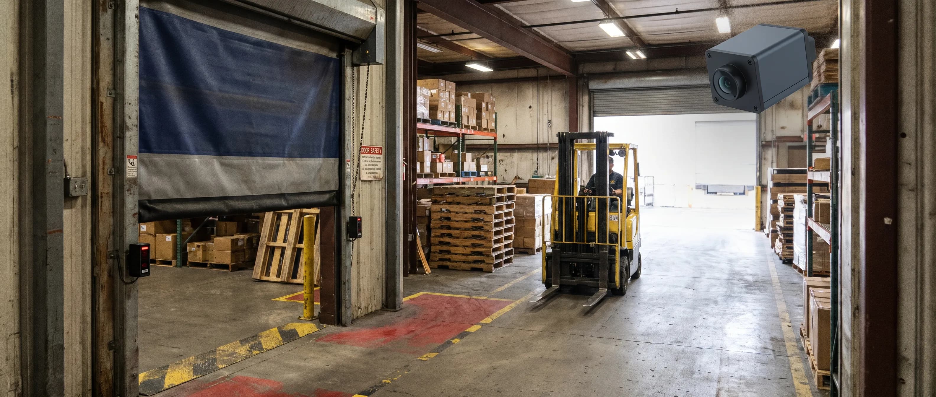 Depoda yarı açık PVC perdeli hızlı kapı, kasanın alt kısmında karşılıklı fotosel gözleri ve kapıya yaklaşan forklift