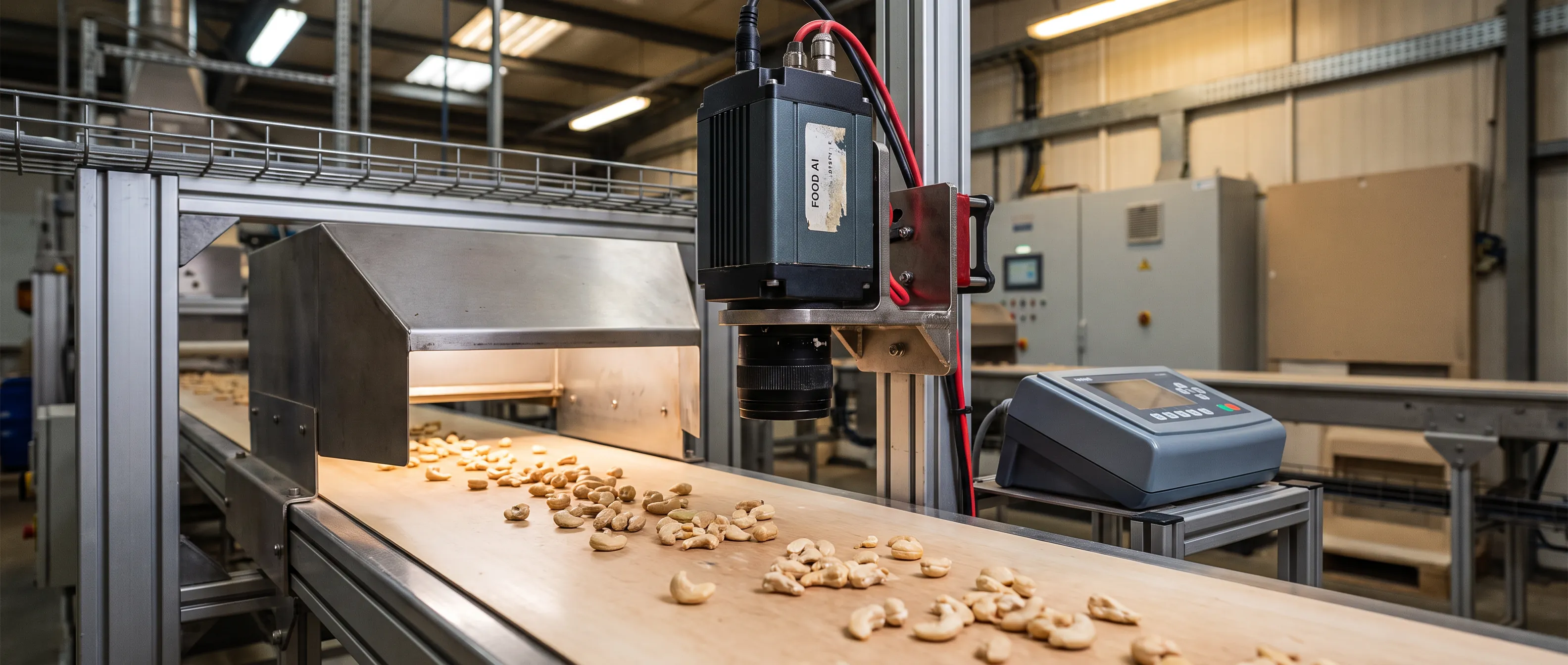 Foreign material in food: cashews moving along a conveyor belt under an inspection camera