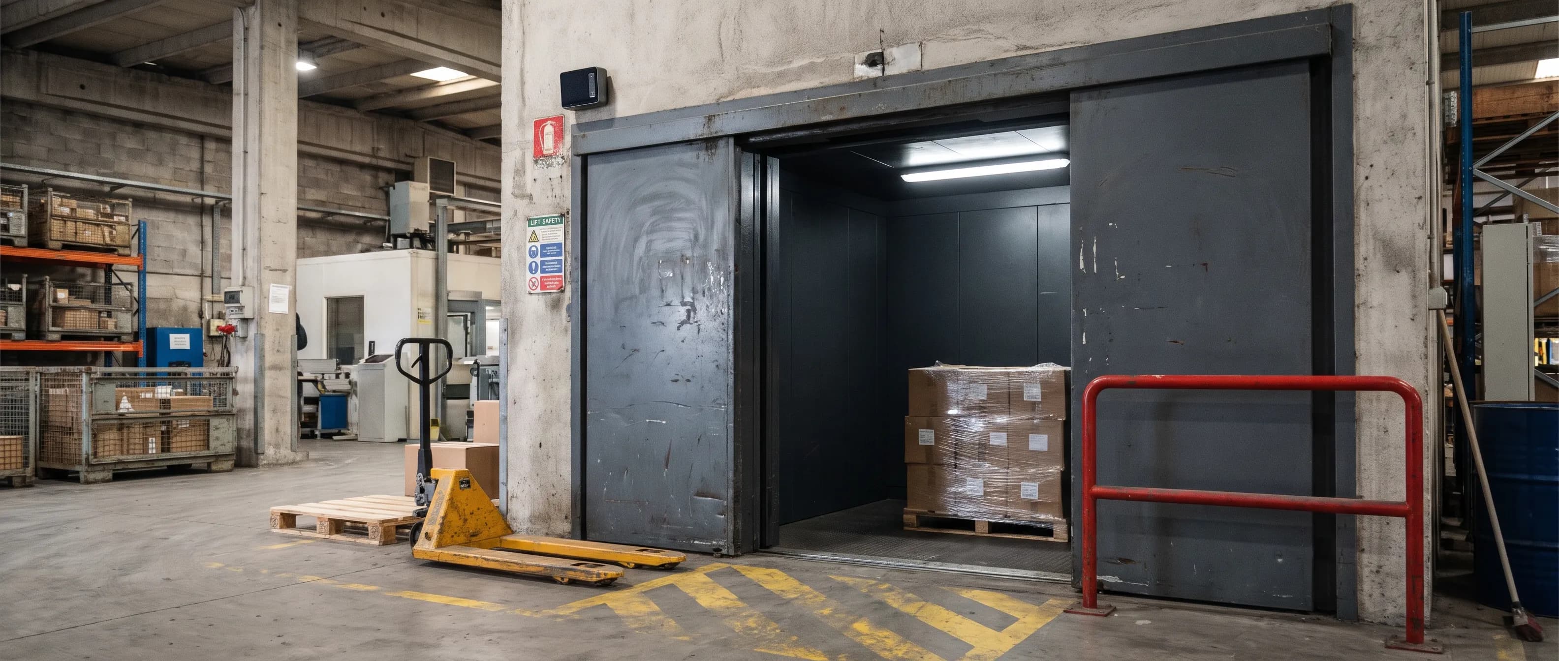 Industrial freight elevator with doors open, a wrapped pallet inside and a pallet jack waiting in front