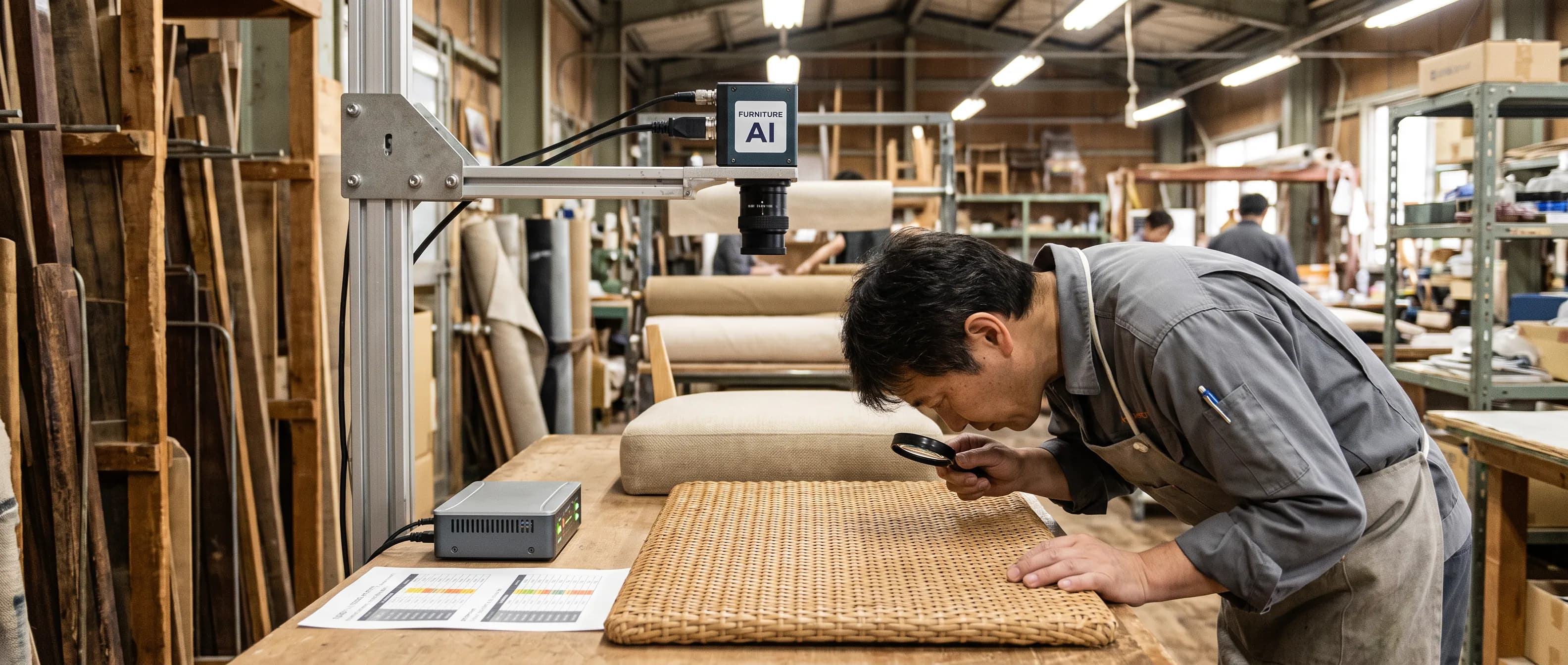 Camera passing over a woven cane chair panel while a craftsman checks the weave for surface defects