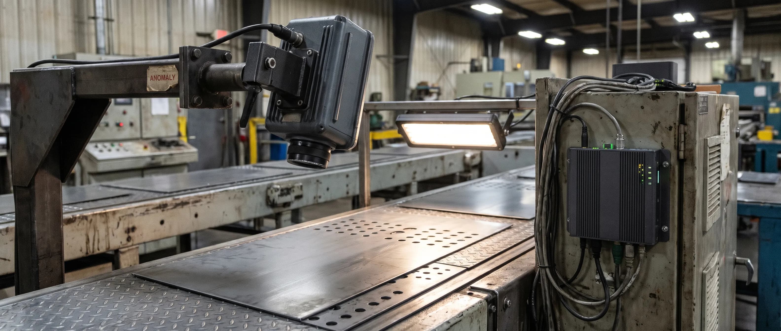 Industrial camera above a conveyor inspecting perforated and diamond plate sheets for surface defects