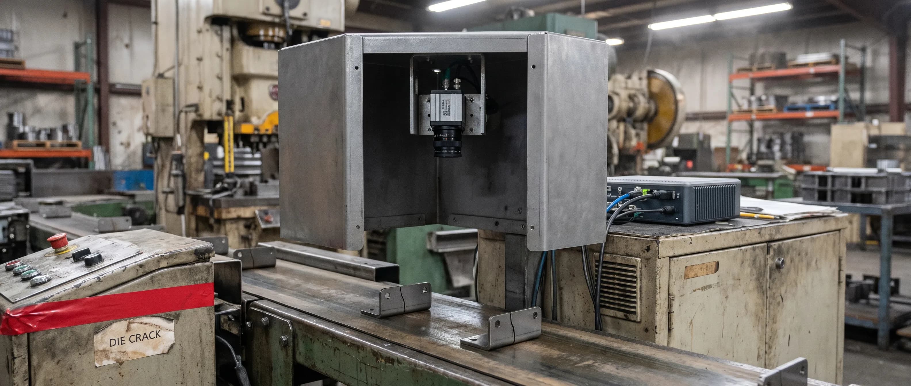 Visual inspection camera watching metal brackets move along the conveyor at a press line exit