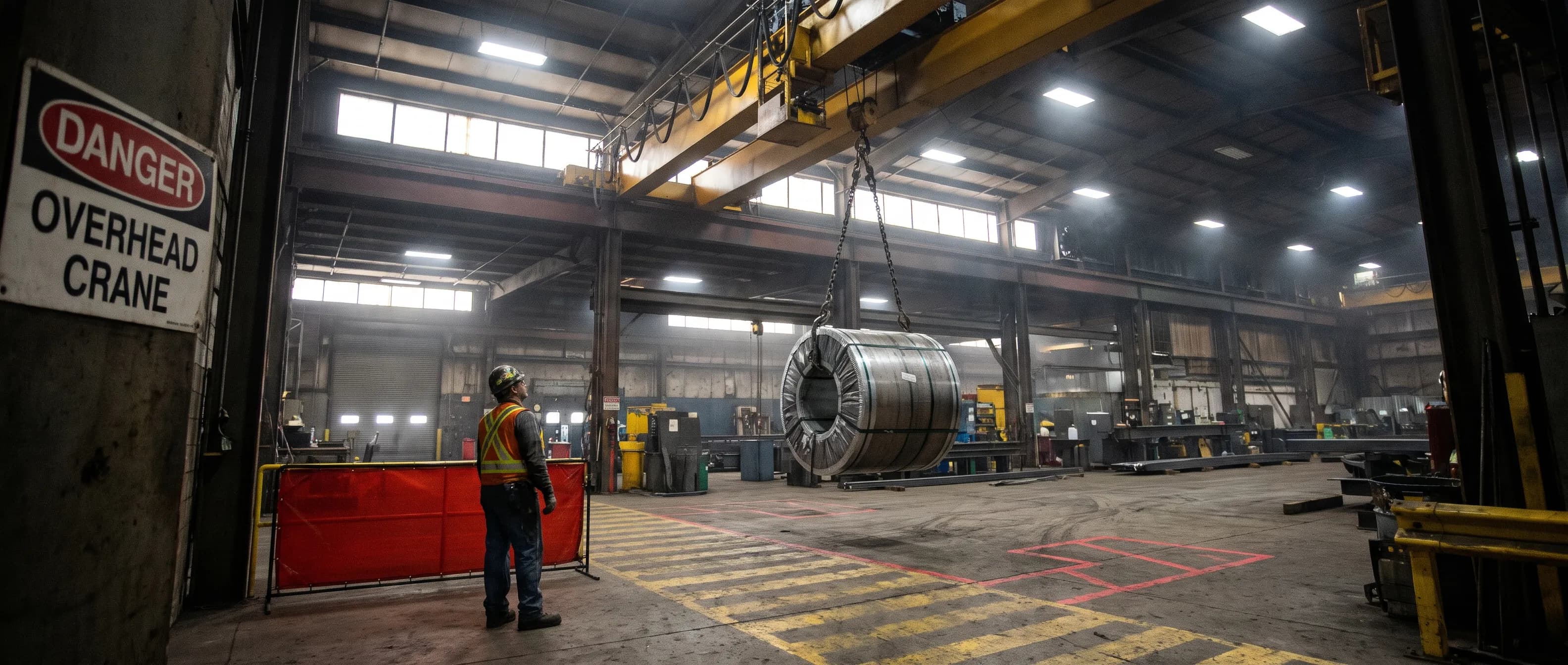 Steel coil hanging from an overhead crane hook in a production bay while a worker in a hard hat walks under the runway